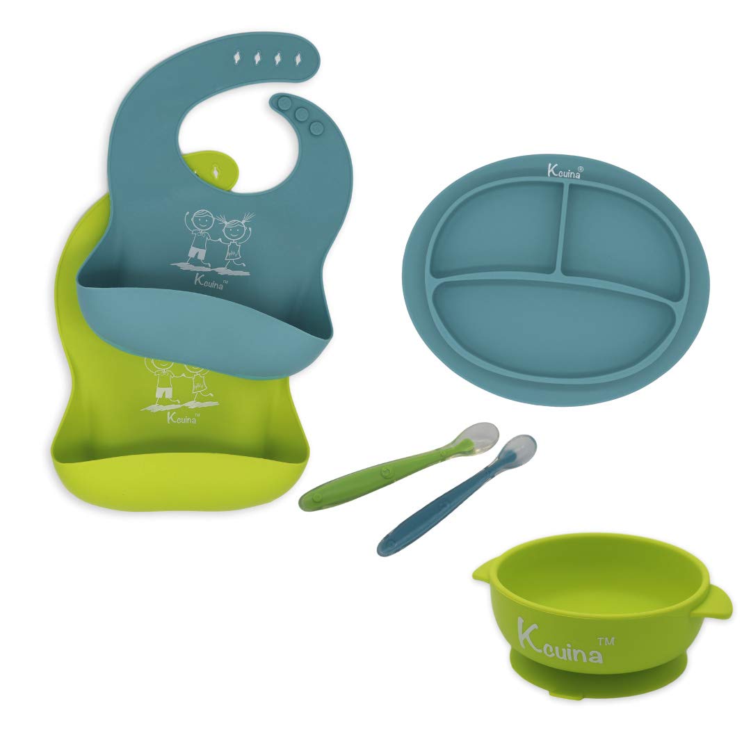Baby Feeding Set,Silicone Bib Plates Bowls Spoons